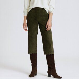 Express Vintage Genuine Suede Olive Green Cropped Pants with Laser Cut Hem 3/4